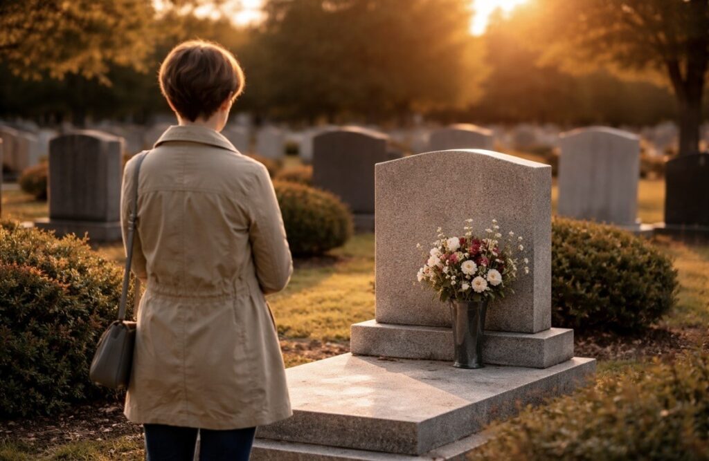 Personne de dos en recueillement devant une tombe fleurie
