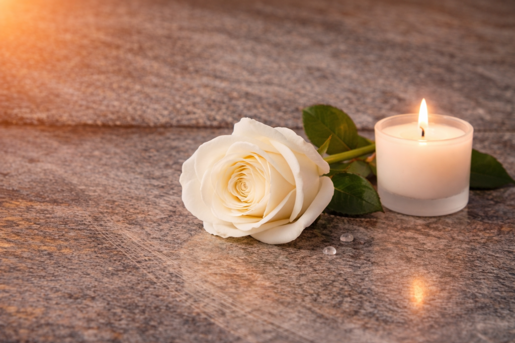 Rose blanche et bougie blanche posées sur une tombe